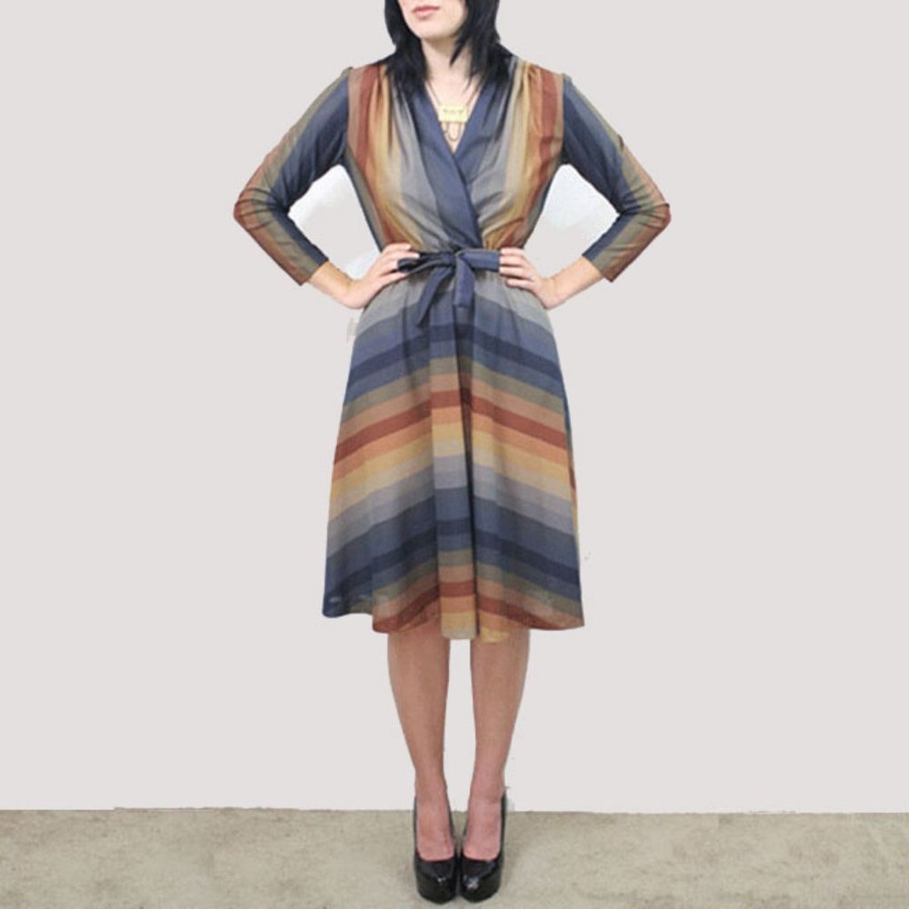 Vtg 70s Earth Tone Striped Surplice Belted Dress M - Picture 5 of 5